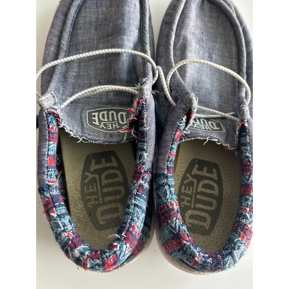 Hey Dude Wally Funk Jacquard Tribe Blue Canvas Slip On Loafers Mens 9 Womens 11